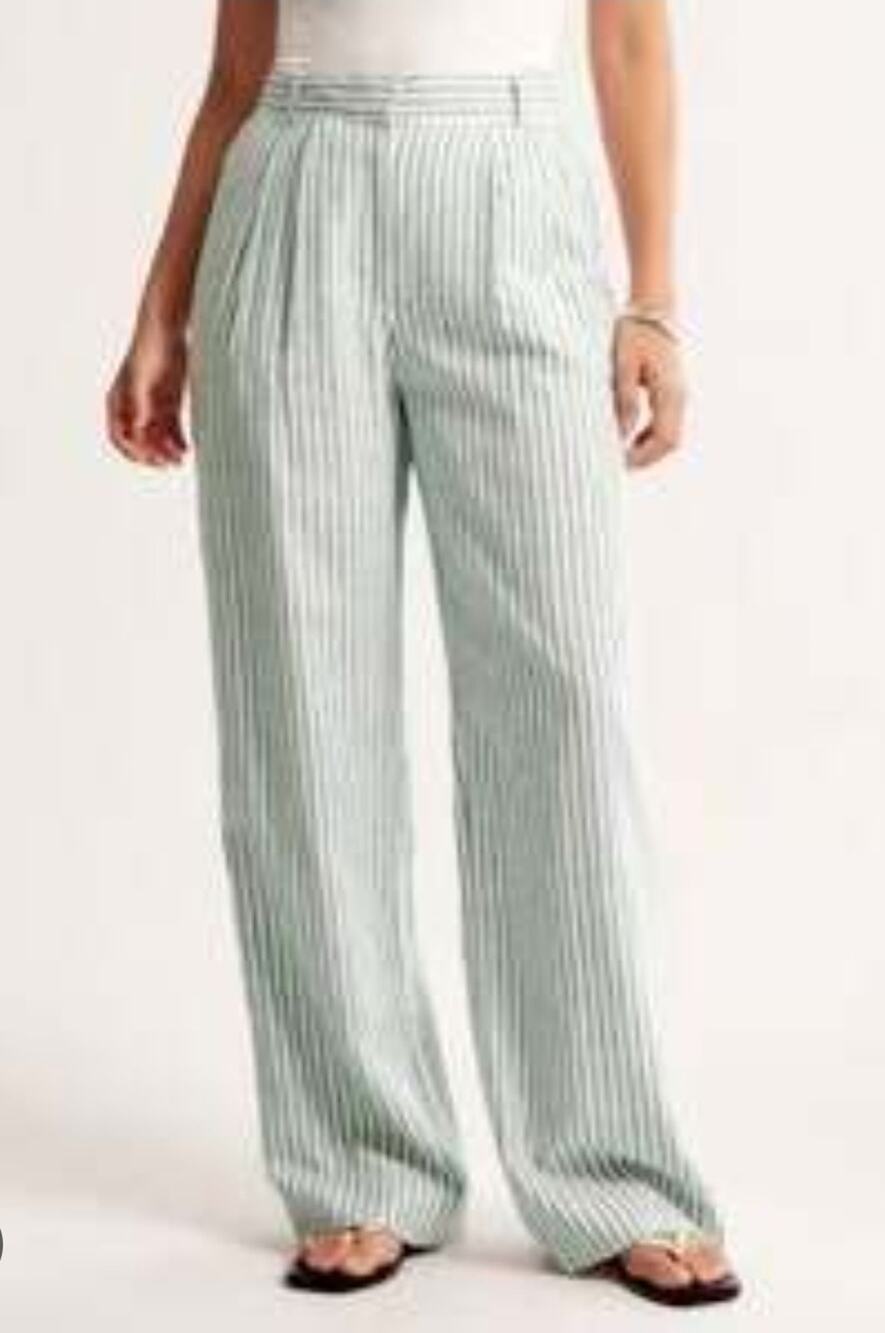 Abercrombie Fitch Curve Harper Wide Leg Linen Blend Pants 31 12R Green Striped